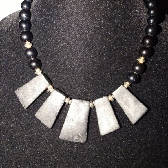 Black Beaded Necklace W/Geometric Multicolor Stone Pendants & Gold Accents -VTG - Picture 3 of 4